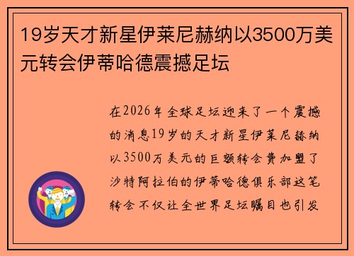 19岁天才新星伊莱尼赫纳以3500万美元转会伊蒂哈德震撼足坛