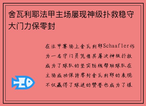 舍瓦利耶法甲主场屡现神级扑救稳守大门力保零封